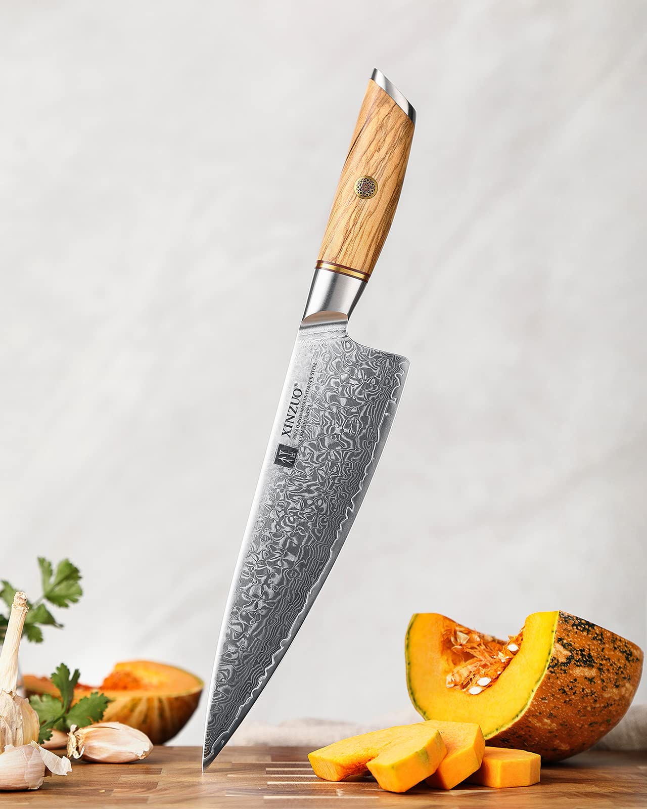 XINZUO 21.2cm chef's knife 73 layers damascus powder steel, professional gyuto knife, hand-forged sharp blade kitchen knife-with ergonomic olive wood handle - Lan Series