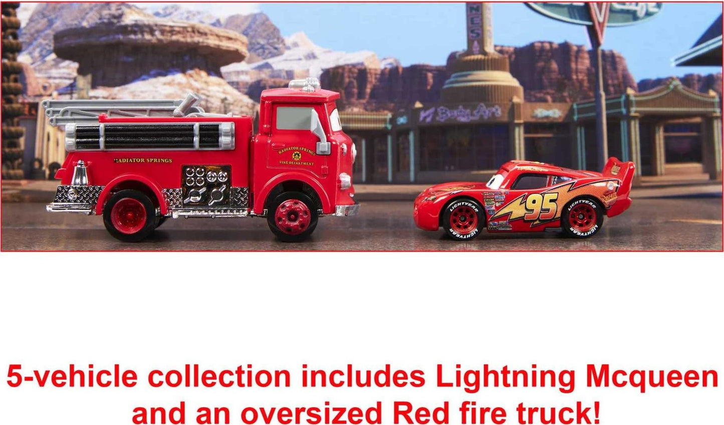 Disney Pixar Cars HFN81 - Collection of 5 vehicles, set of 4 character vehicles and 1 fire truck Red, inspired by Radiator Springs, gift for collecting for children and fans aged 3 years and up.