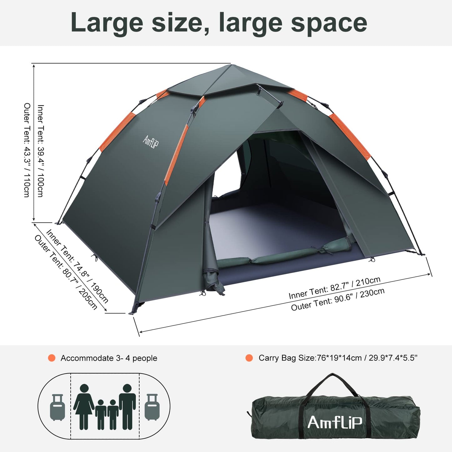 Amflip Camping Tent Automatic 2 Person Instant Tent Pop Up Dome Tent 4 Season Waterproof & Windproof Camping Tent with Detachable Outer Tent for Family Camping