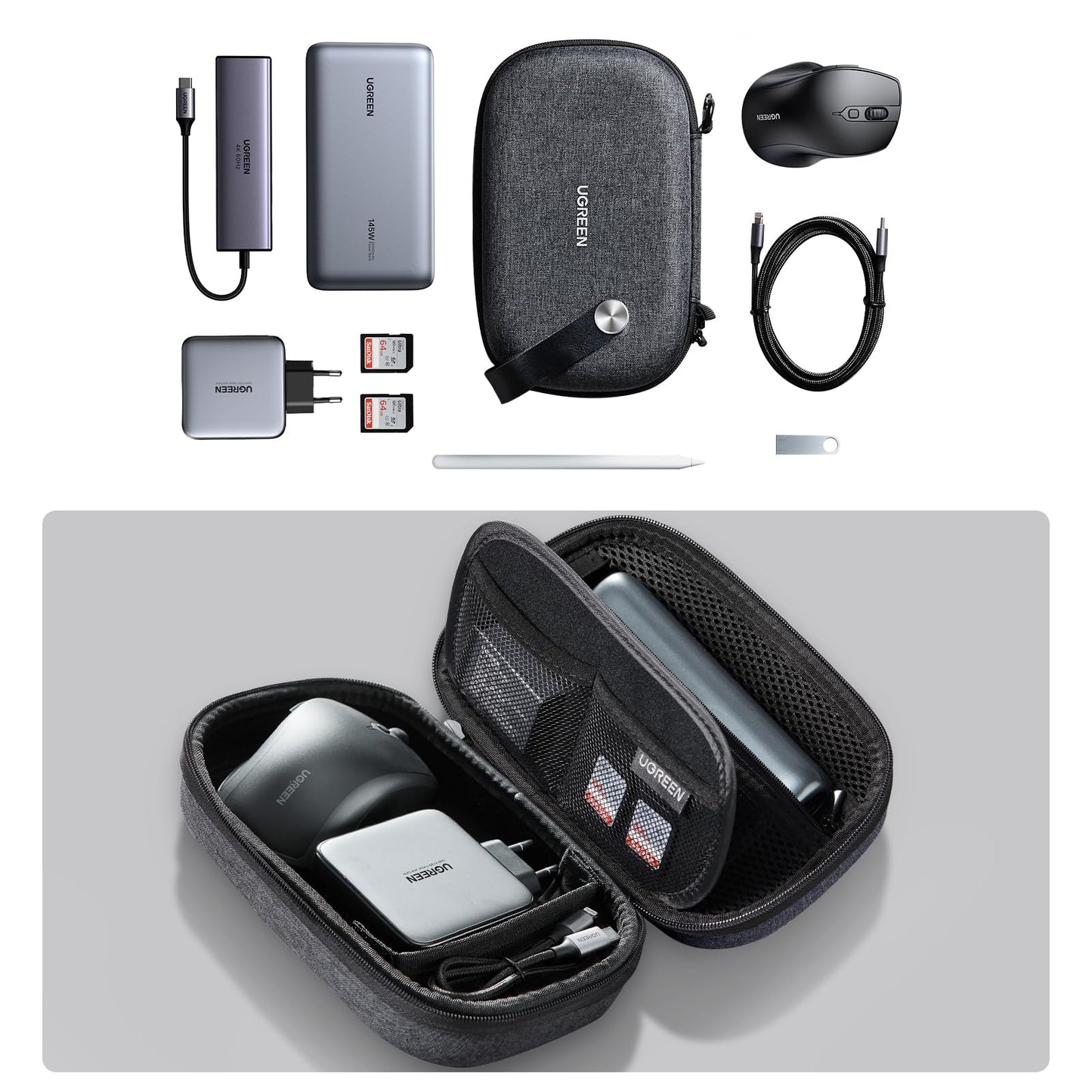 UGREEN Case Electronic Cable Bag Electronics Organizer Travel Case Pouch for chargers, hard drives, accessories, cables, USB drives, SD cards, USB hubs, camera equipment (Black)