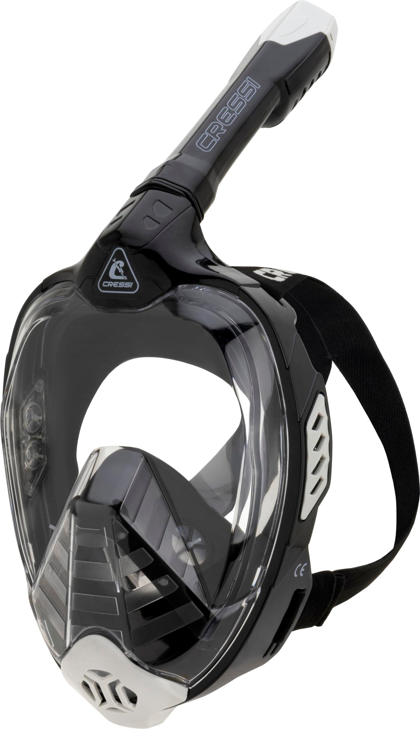 CRESSI Bali Full Face Mask Black/Grey S/M - Diving mask with ultra clear polycarbonate lens, 100% silicone, snorkel float valve, camera mount, black/grey, S/M size, for adults.
