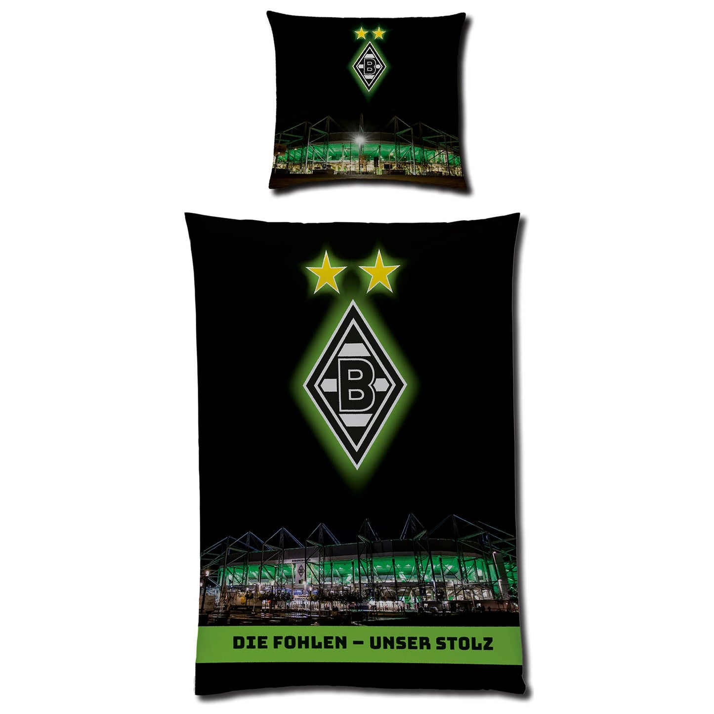 Borussia Mönchengladbach reversible bedding - Borussia-Park glows in the dark 135 x 200 + 80 x 80 cm 100% cotton Linon football fan VFL 1900 Lower Rhine German size with YKK zipper.