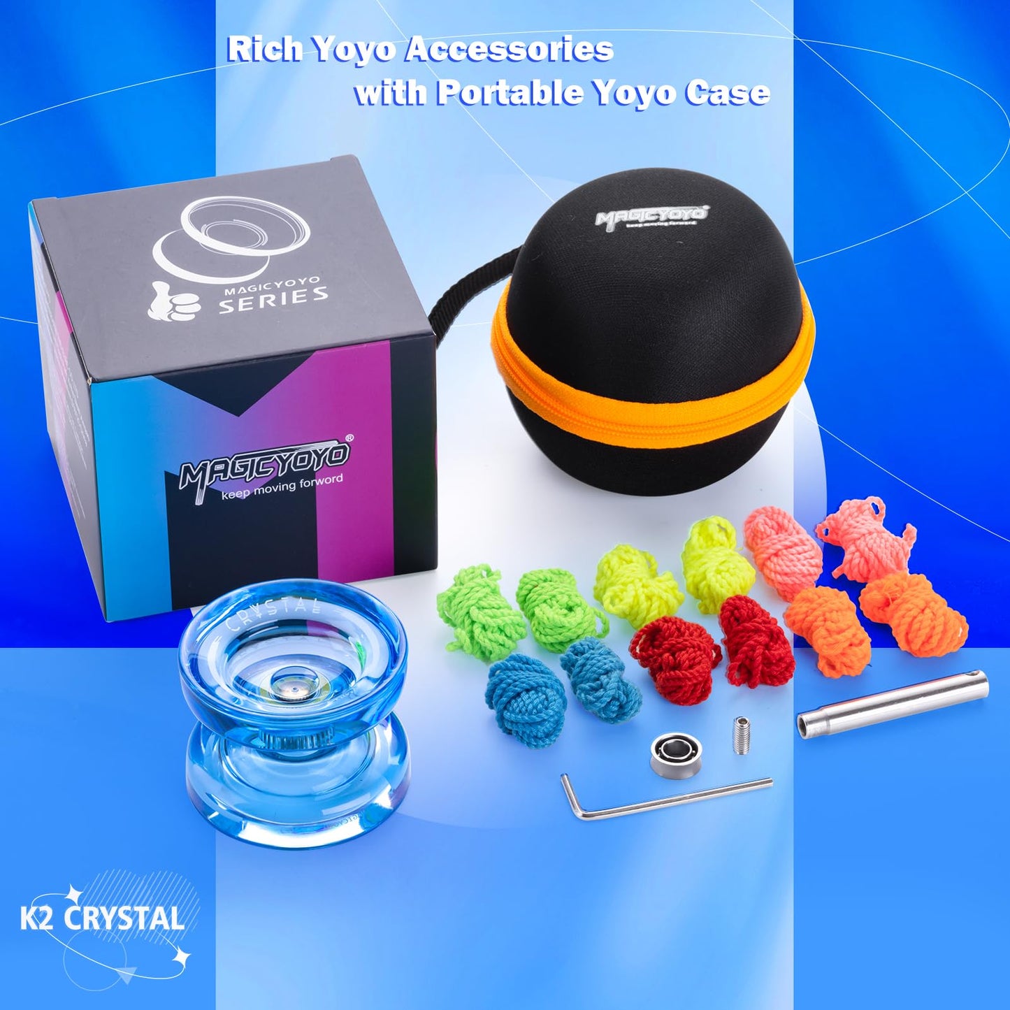 Responsive JoJo for Kids K2 Crystal Blue, plastic YoYo, professional Yoyo with Unresponsive Bearing, Trick Yoyo for Adults, with Bearing Remover, Bag, 12 Yo-Yo Strings