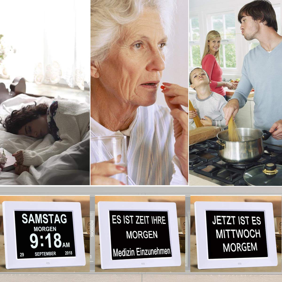 8-inch Digital Alarm Clock, Digital Calendar Day Clock, Alarm Clock Multiple Modes with Reminder Function for Seniors, Dementia such as Alzheimer's Patients, Large Font Electronic Calendar Day Clock - White