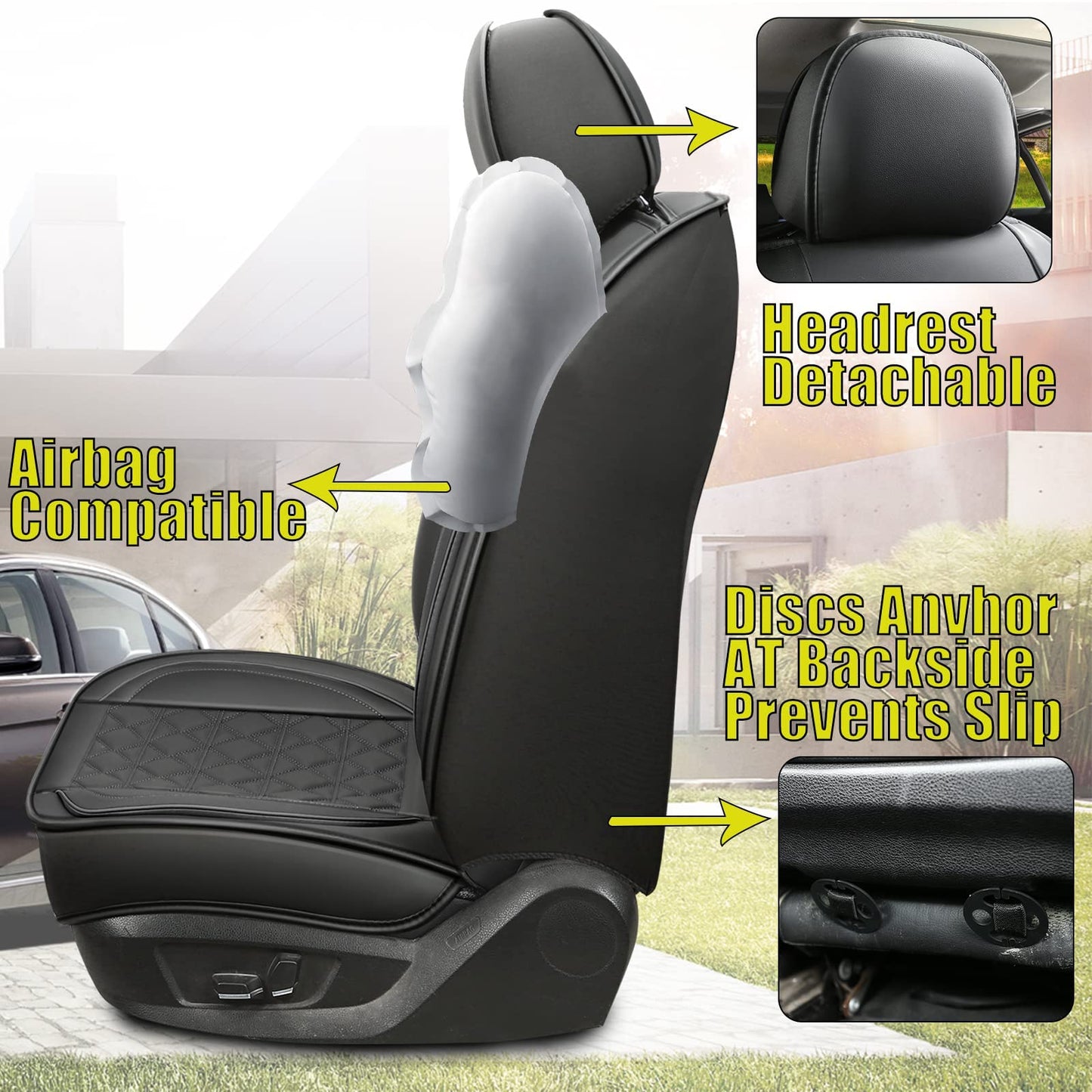 JDWBT Luxury Car Seat Cover Front Seats, Universal Leather Front Seat Covers for Cars, Black Car Seat Cover for Front Seats, Black Car Seat Protector (2 Pack)