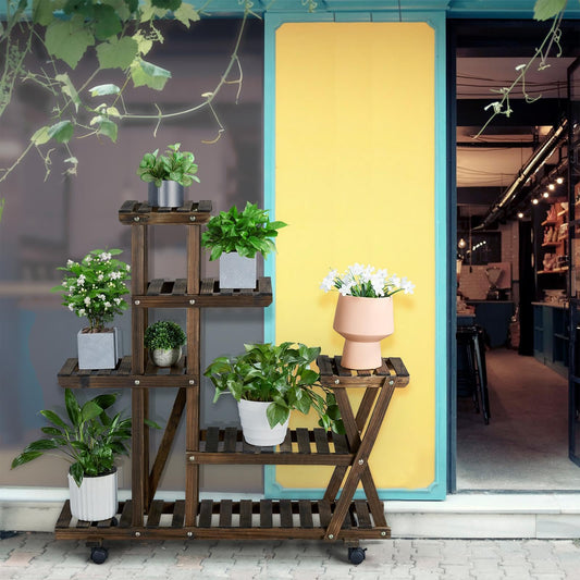 Yaheetech wooden plant stand with wheels, plant shelf, balcony flower rack, wooden flower bench, multi-tiered, 97.5 x 33 x 101cm.