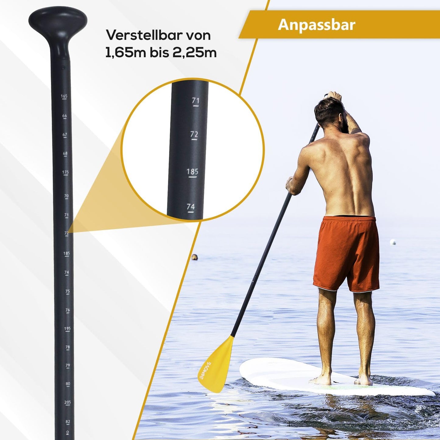 24MOVE® Double Paddle 2 in 1 Telescopic Paddle Push Paddle for SUP Stand Up Board, Kayak, Lightweight Aluminum 230cm, adjustable, yellow