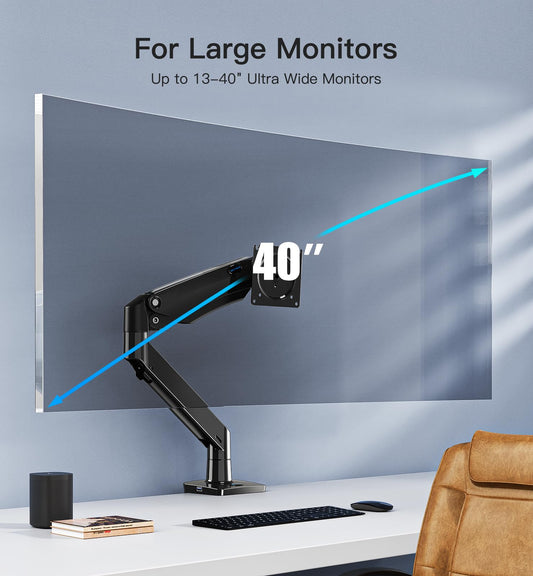 HUANUO dual monitor mount for 13-40 inch screens, with gas spring arms, VESA 75 & 100mm, C-clamp and grommet base, supports 2-12kg.