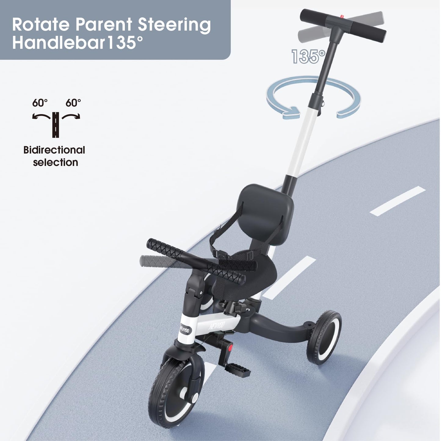 newyoo 5 in 1 balance bike tricycle, suitable for 1 year olds with push handle, for kids aged 1-3 years, bike for children up to 25kg including removable pedals and adjustable seat, white