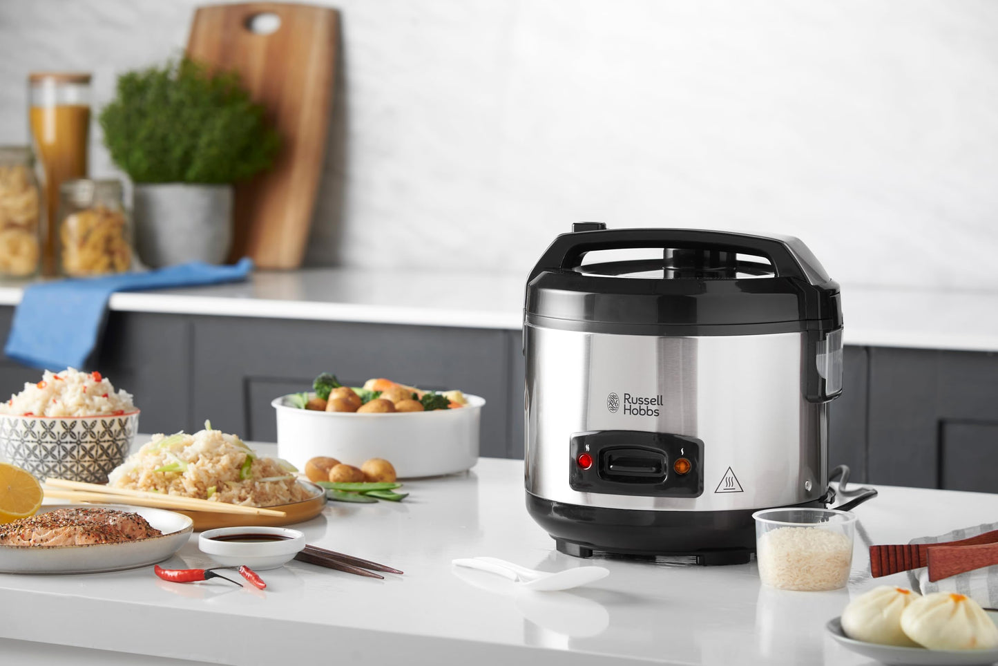 Russell Hobbs Rice Cooker 1.2L with Steamer - includes aroma lid (keep warm function, non-stick cooking pot, rice spoon & measuring cup, stainless steel) 27080-56