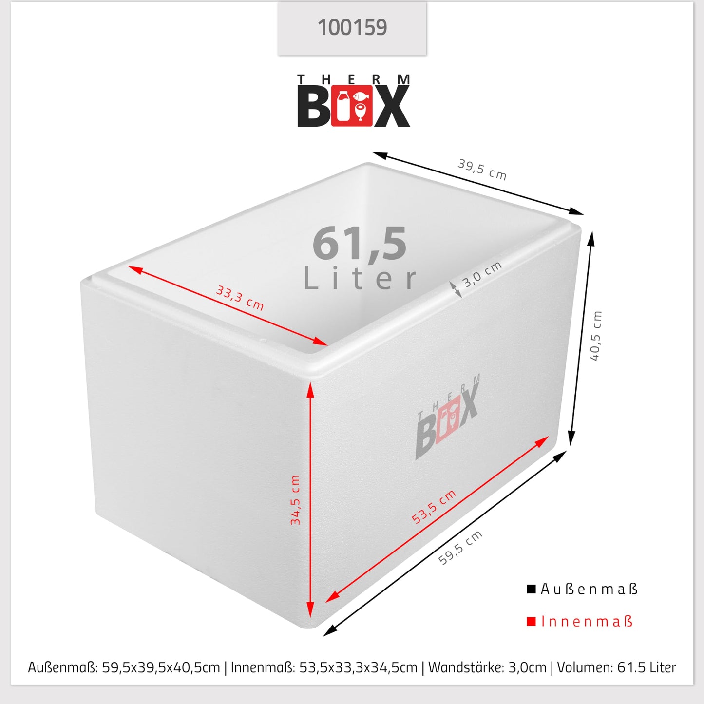 THERM-BOX Styrofoam box 61W Inside: 53x33x34cm Wall: 3cm Volume: 61.5L Insulated box Cooler box Warm-keeping box Reusable