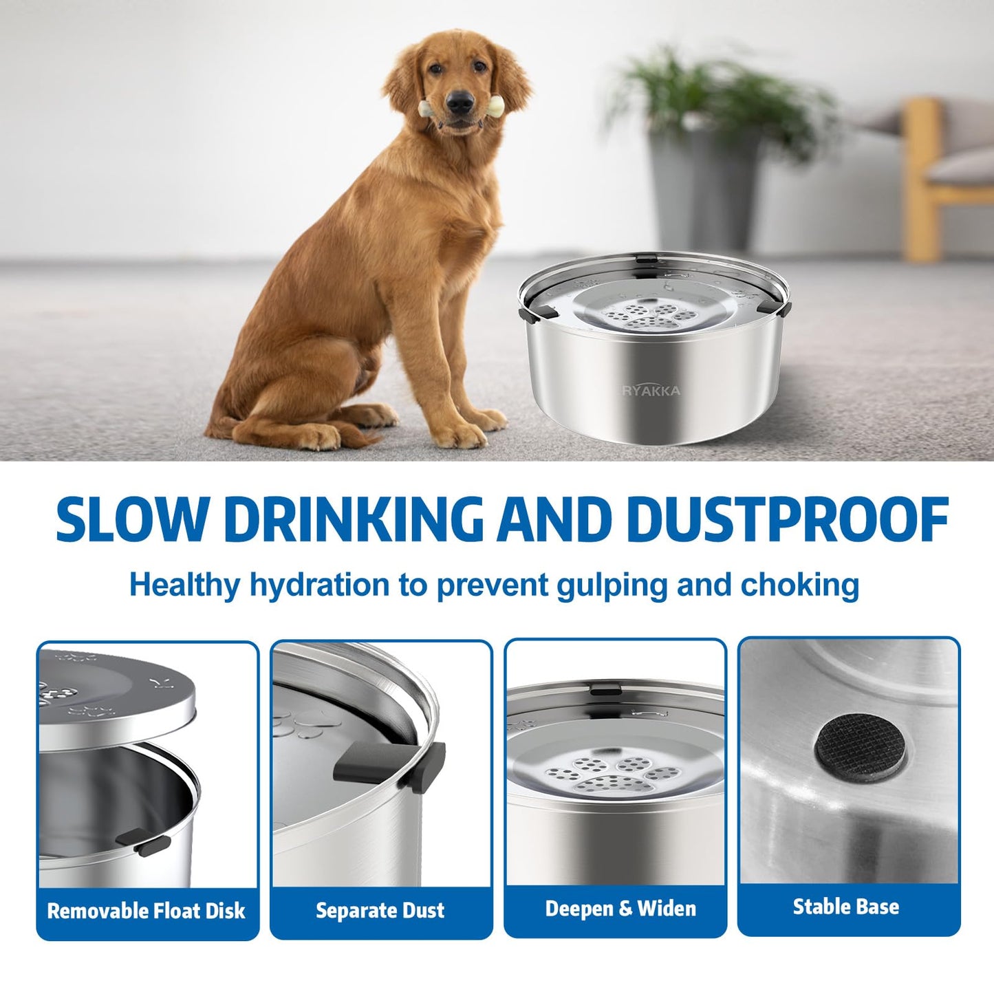 RYAKKA 3L Anti-Gulp Water Bowl for Dogs - Stainless Steel Drinking Bowl for Travel | Anti-Drool | Slow Feeder Travel Bowls for Medium & Sloppy Dogs