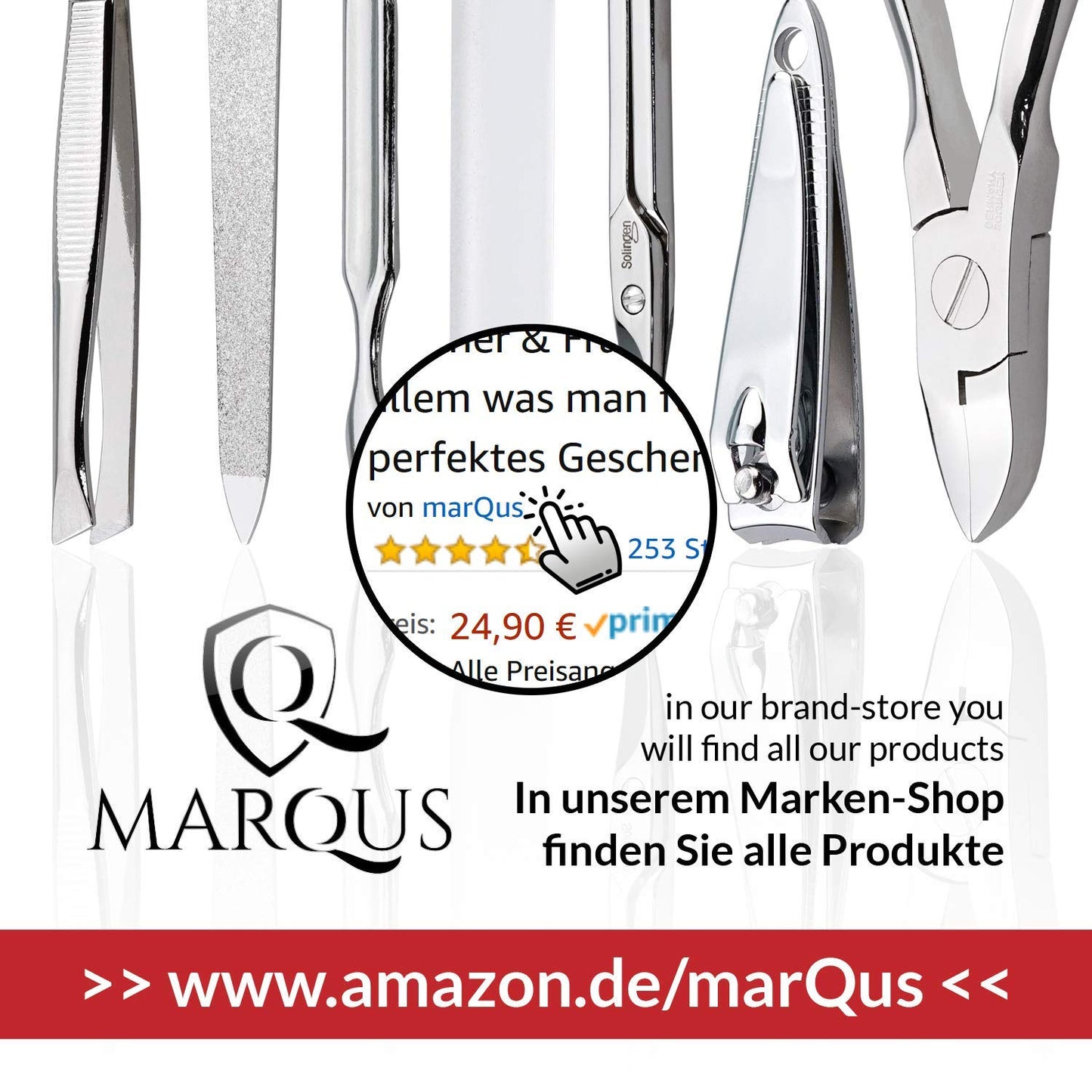 MarQus manicure set for women and men, Solingen, Made in Germany. 7 pieces featuring patented glass file for hand and foot care. Comes with genuine leather case, compact and soft.