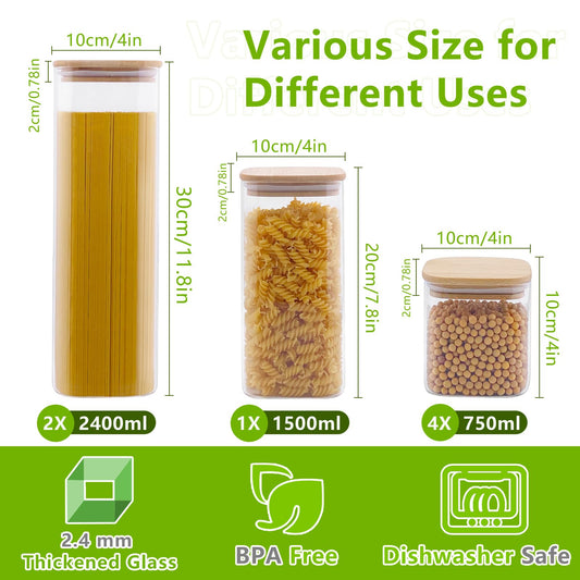 Withosent glass storage containers 7-piece set, 750ml/1500ml/2400ml storage jars with square lids, large glass container with wooden lid, kitchen storage jars for spaghetti, cereal, beans.