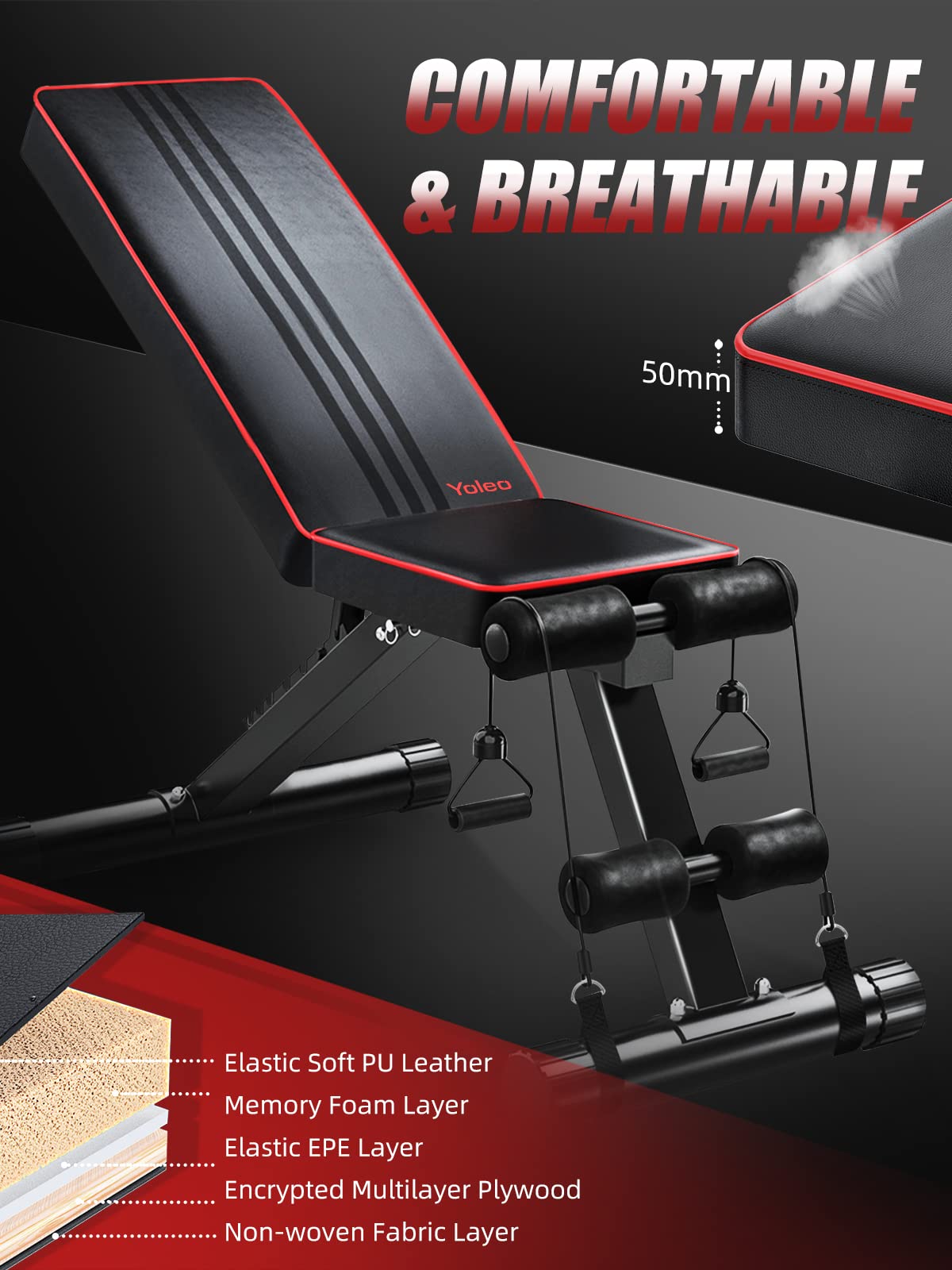 YOLEO Folding Weight Bench, Multifunction Training Fitness Bench, 2 in 1 Sit-ups Bench with high-quality thick padding / 7-Level Adjustable Backrest / Elastic Cord, Premium Line Training Bench