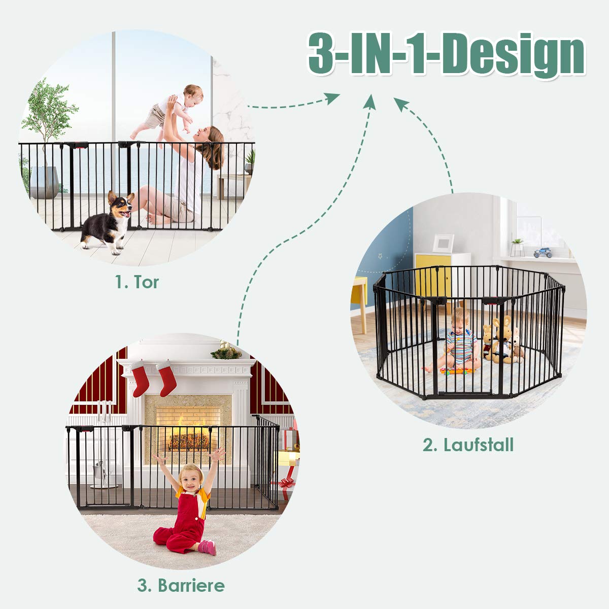 COSTWAY Baby Fireplace Safety Gate foldable, incl. 8 panels, 480 x 74 cm, playpen with safety door, fire guard with wall mounting, metal configuration gate, barrier gate (Black)