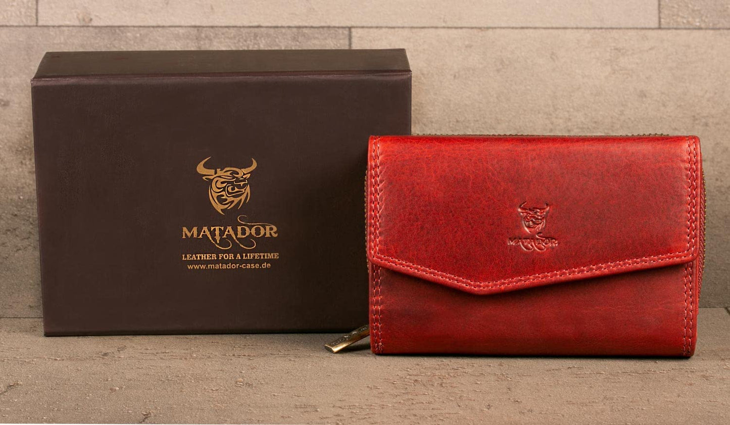 MATADOR leather wallet for women red medium #Sevilla with gift box, luxury RFID women's wallet, red money purse with multiple compartments, leather clutch, elegant red women's wallet