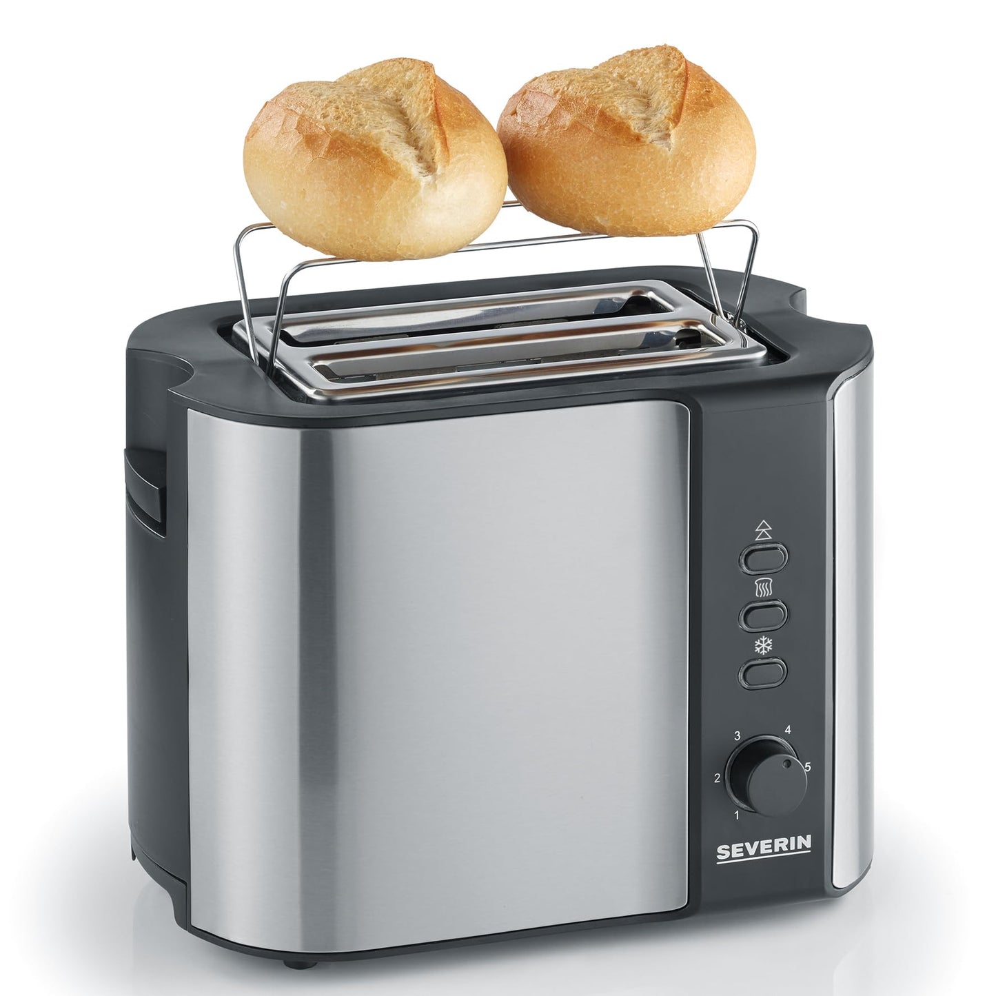 SEVERIN automatic toaster with bun warmer, high-quality stainless steel toaster for toasting, defrosting, and warming, 800 W, stainless steel brushed/black, AT 2589