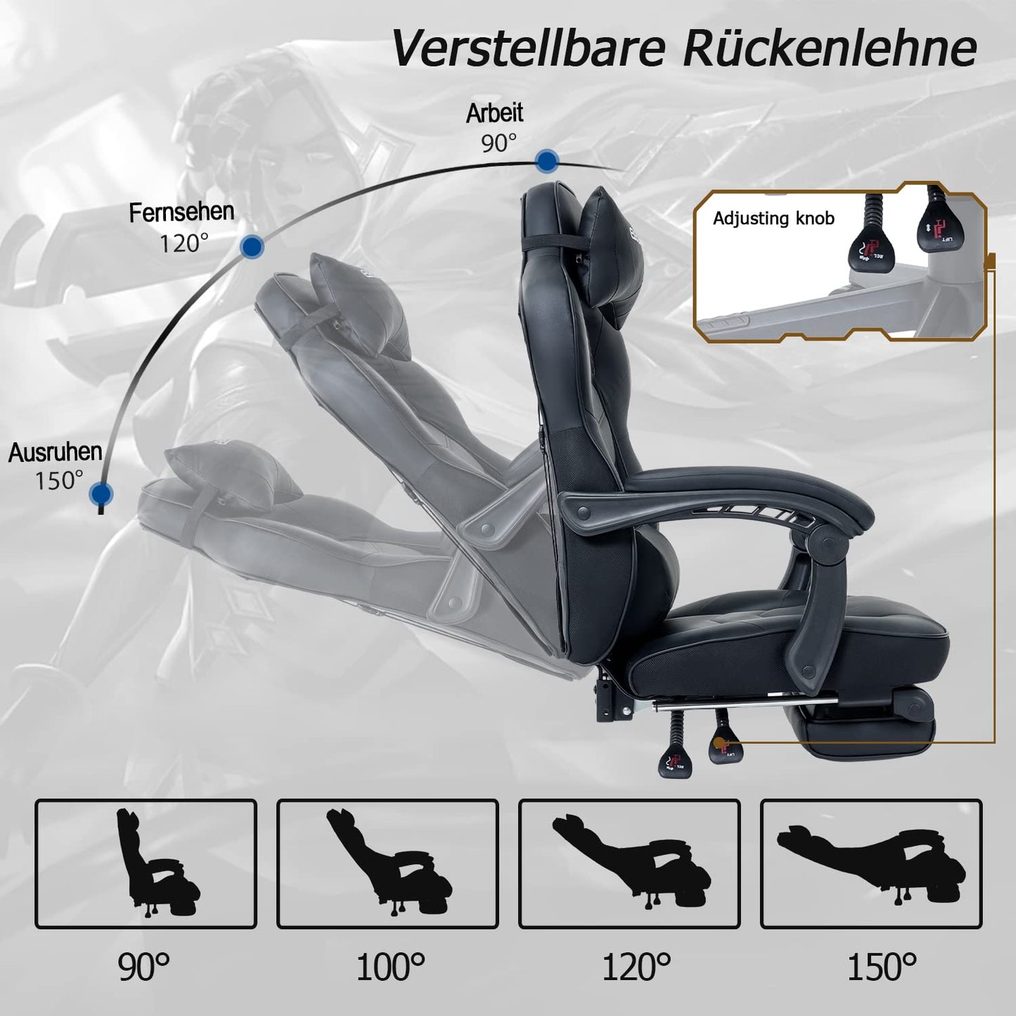 Puluomis Gaming Chair, Office Chair with Footrest, Racing Gaming Chair, PC Chair, Swivel Height Adjustable, 90-150° Backrest Adjustable, Removable Headrest, Lumbar Pillow, Ergonomic, Black