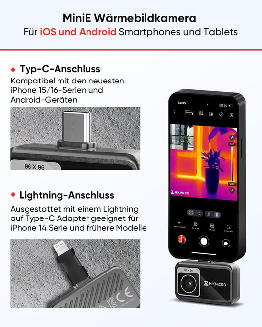 HIKMICRO Minie Thermal Camera - iOS/Android, 192×192 SuperIR Image Enhancement, 25Hz, for Smartphone/Tablet, USB-C/Lightning (supports iPhone 15/16)