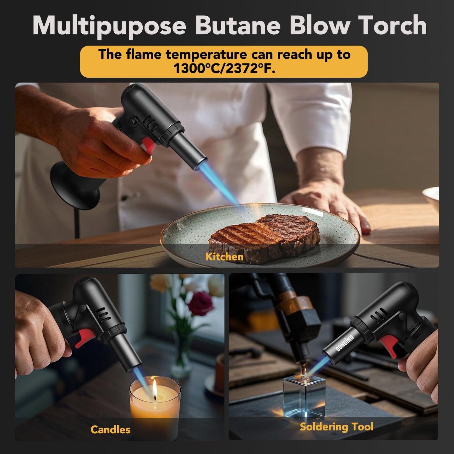 Sondiko Flambé Torch with Fuel Gauge S907, Refillable Bunsen Burner for Kitchen, Pastry, Desserts, Camping (Butane not included)