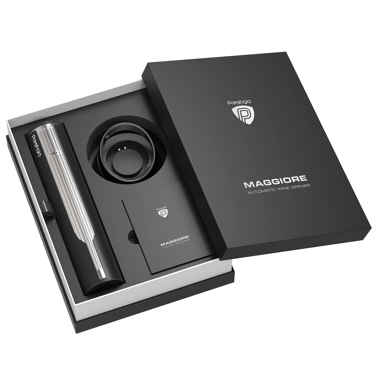 Prestigio Maggiore Corkscrew Electric - Premium Wine Bottle Opener with Charging Station - Built-in Foil Cutter - Packaged in high-quality gift box - Black/Silver