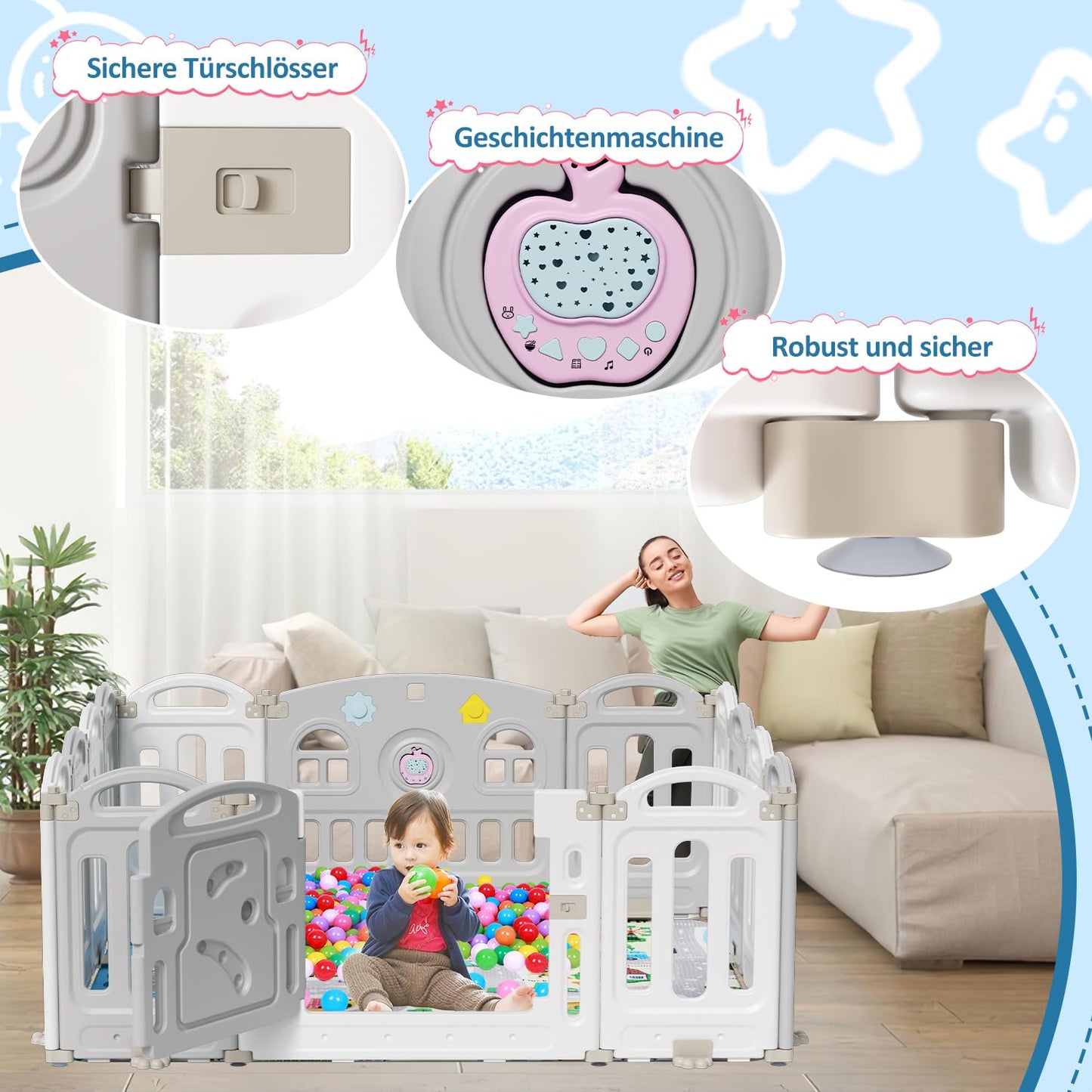Izrielar Playpen Foldable Play Yard Baby Playpen Activity Center Playpen, Plastic Child Safety Gate with Crawling Mat and Story Machine, 14 Panels Gray and White