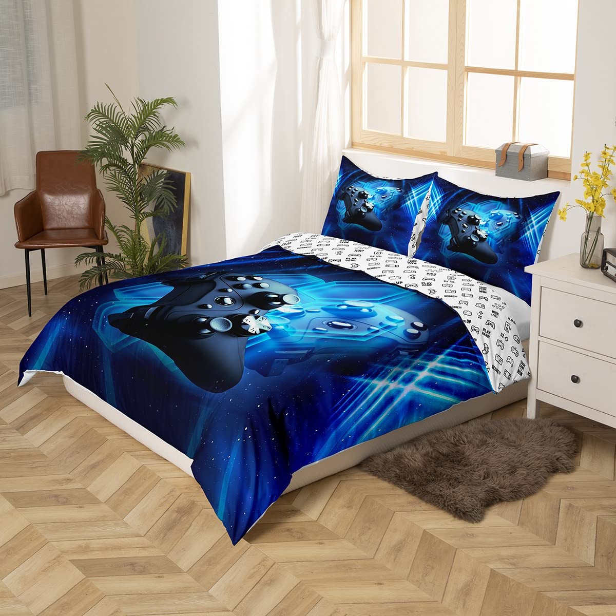 Homewish Gaming Bedding Set Boys Teen Game Room Decor Duvet Cover Kids Youth Blue Gamepad Printed Gamer Quilt Cover Modern Novelty Video Games Bedroom Decor Bedspread, 135x200