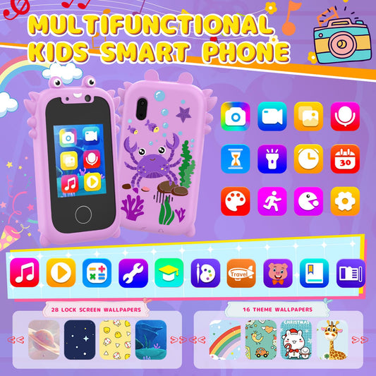 Ashfly Children's Mobile Phone, 2.4" Kids Smartphone with Touchscreen, 1080 HD Dual Camera, SD Card, 13 Games, Unicorn Gifts Toy for Kids aged 3-10, Purple.