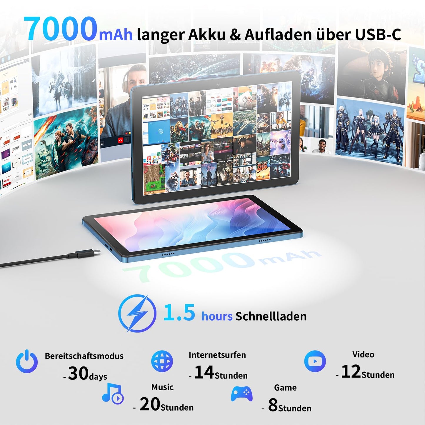 10-inch Android tablet 15: 2025 Latest 7000mAh Octa-Core 8GB RAM+64GB 1TB TF Tablet PC with WiFi 6 2.4G/5G Bluetooth 5.0 1280 * 800 FHD GMS Dual Camera with Case and Screen Protector