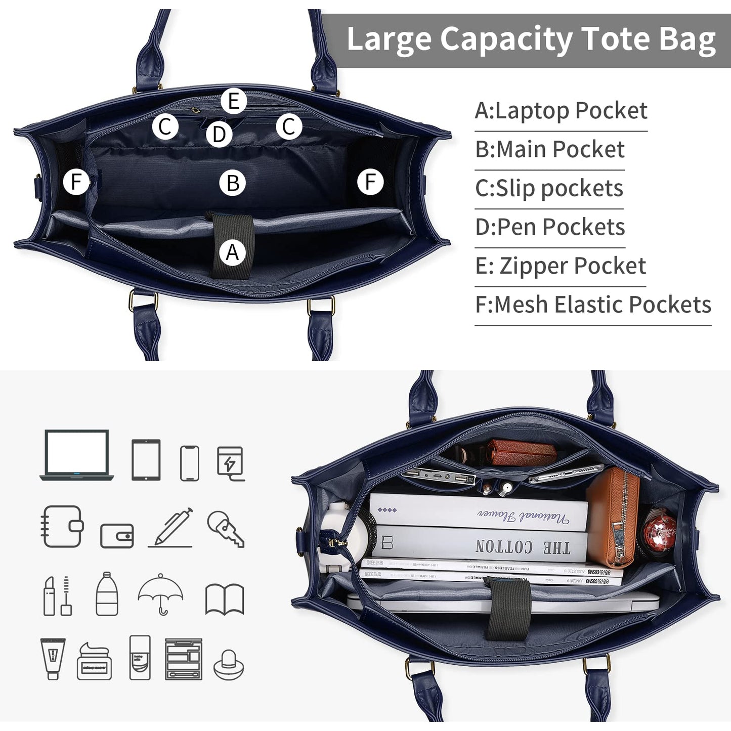 NUBILY women's handbag shopper large leather shoulder bag elegant big laptop shoulder bag work bag notebook bag 15.6 inch blue