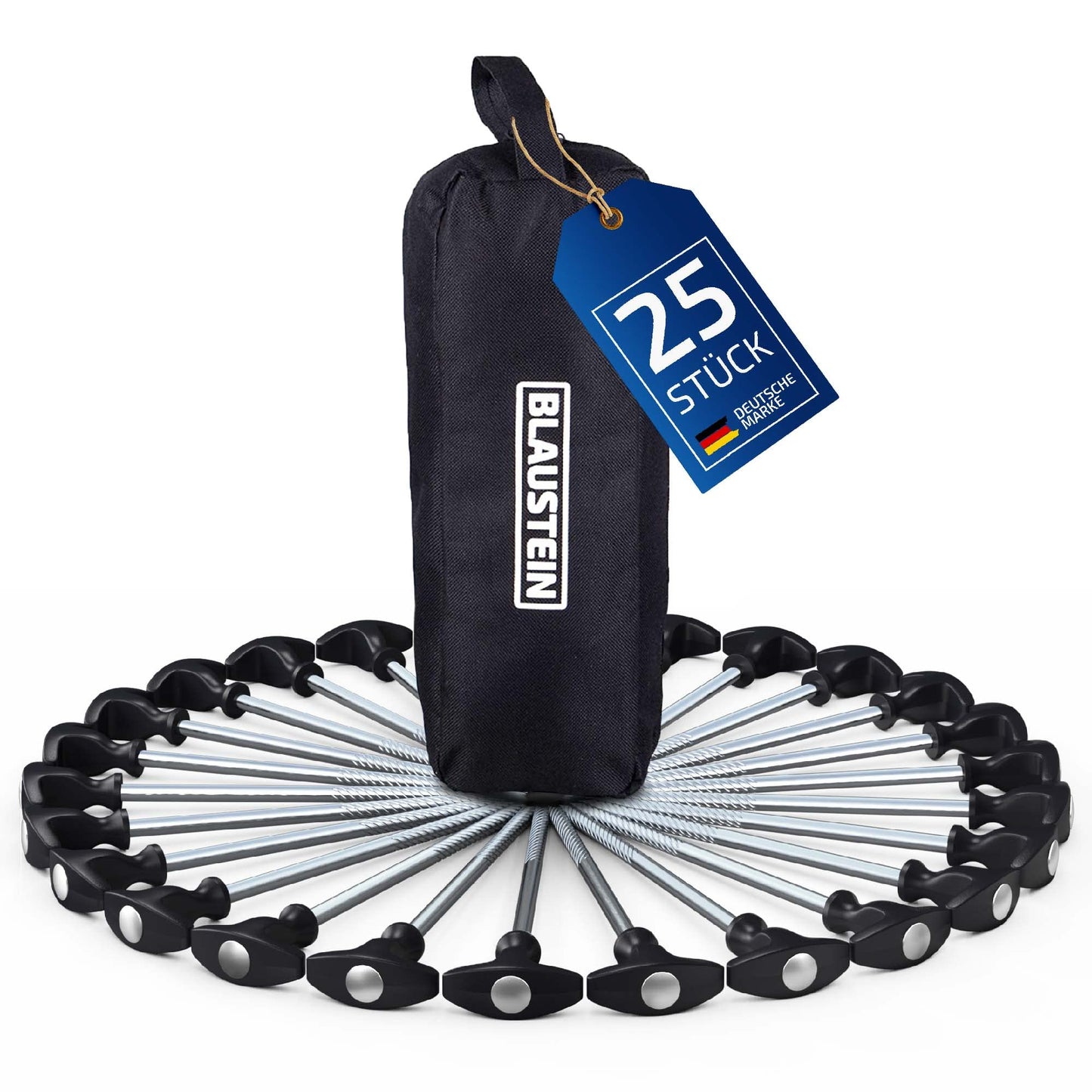 Blue stone tent pegs - 25x sturdy camping pegs - German brand quality - Long steel ground nails & storm-proof - Pegs ground nails stable - - Screw pegs camping