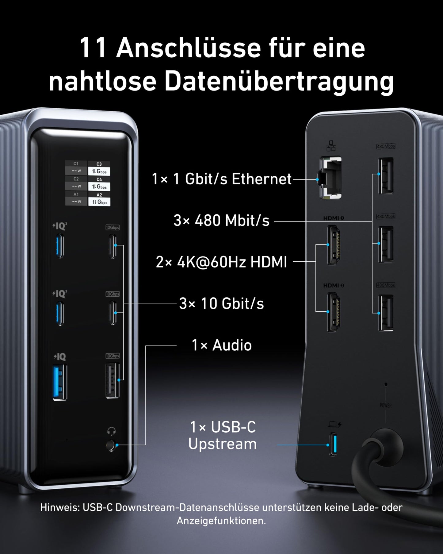 Anchor Prime docking station, 14-port with 160W max power, 10Gbit/s fast data transfer, real-time smart interface, audio and Ethernet ports, dual 4K displays for Dell, MacBook, and more.