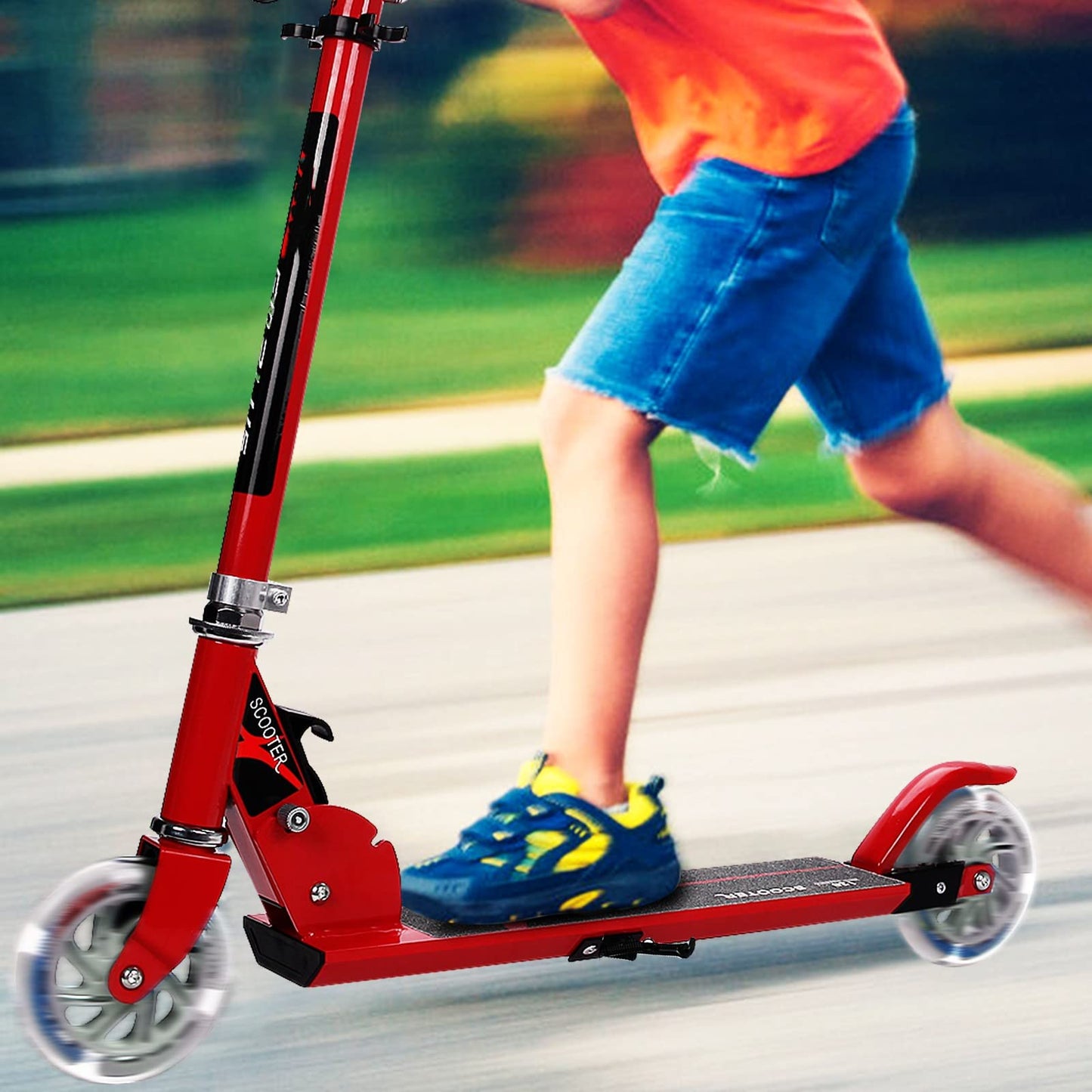 GYMAX Foldable Kids Scooter, Children's Scooter with LED light-up wheels, Kick scooter 3 height adjustable up to 70kg load-bearing capacity, Kick scooter for boys & girls aged 4 years and above (Red)