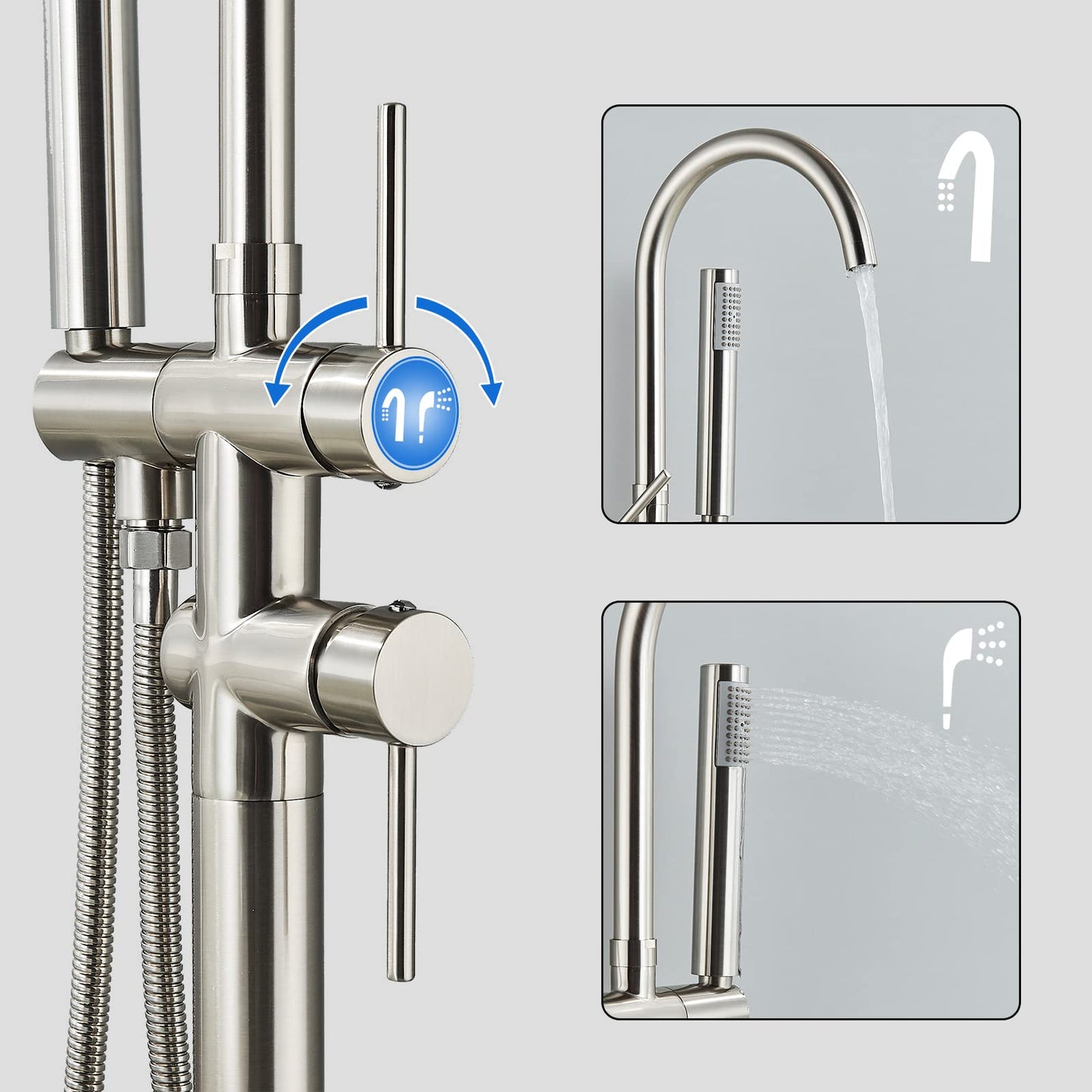 Rozin Freestanding Bathtub Faucet Brushed Nickel Brass Two Handles 360° Rotatable Spout with Hand Shower 150cm Hose Bathroom Tub Faucets
