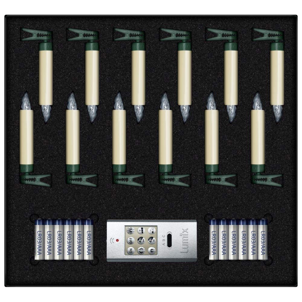 Lumix® LED wireless Christmas tree candles Superlight Mini 12-piece basic set Warm White incl. remote control 4h automatic switch-off function Ivory 9cm 75522