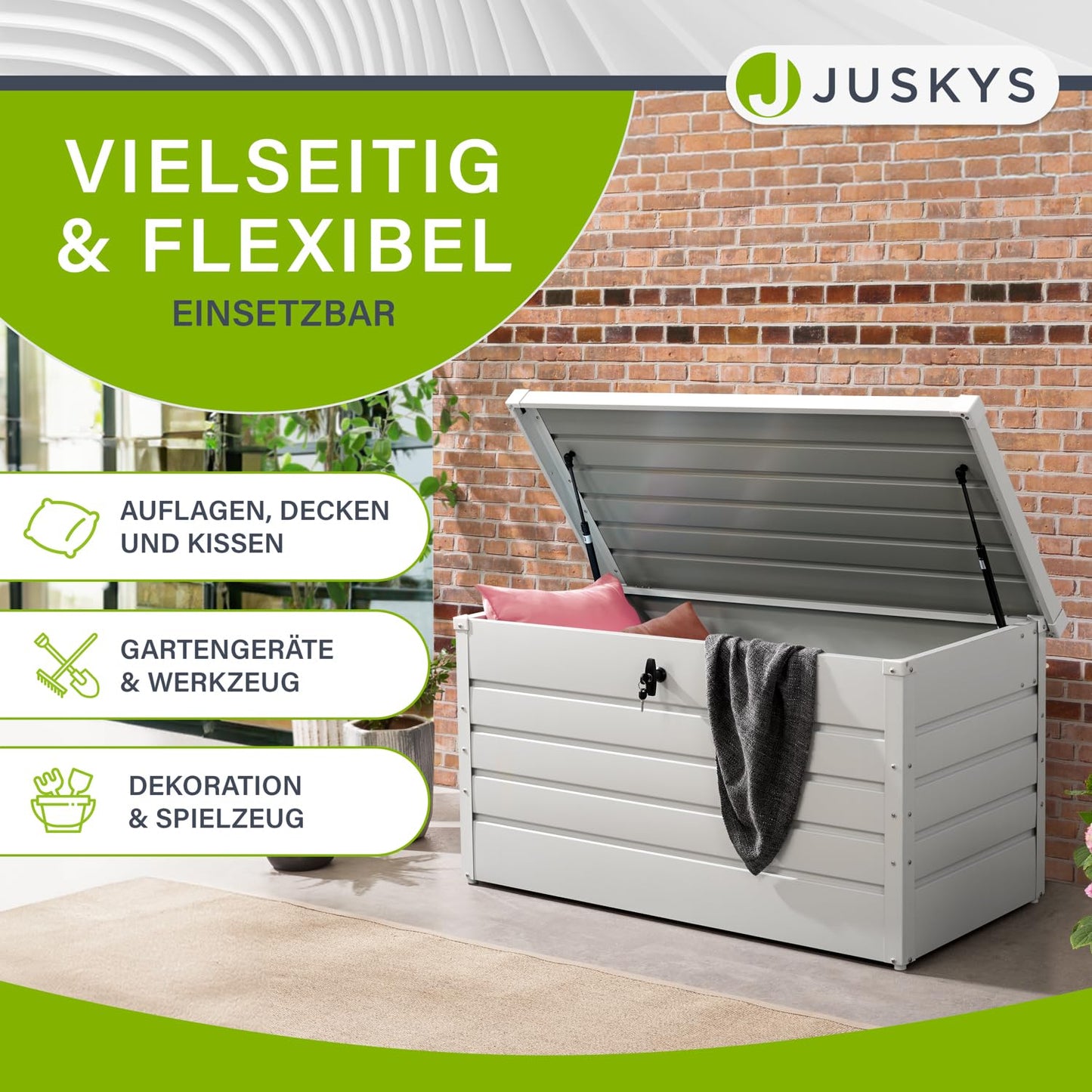 Juskys Metal Storage Box Limani 380 liters - Outdoor Box - waterproof, lockable - white garden box, cushion box for garden.