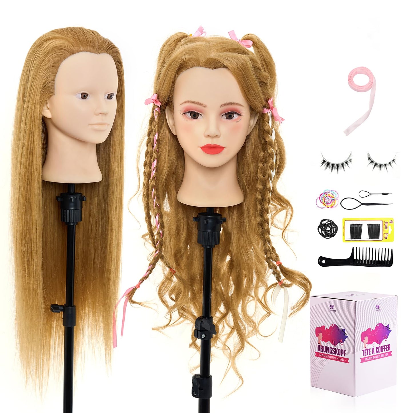 Neverland 26" Hairdressing Head Mannequin 60% Real Hair Makeup Practice Head Training Doll Head Hairdresser Training Head With Stand + Hair Styling Braid Set