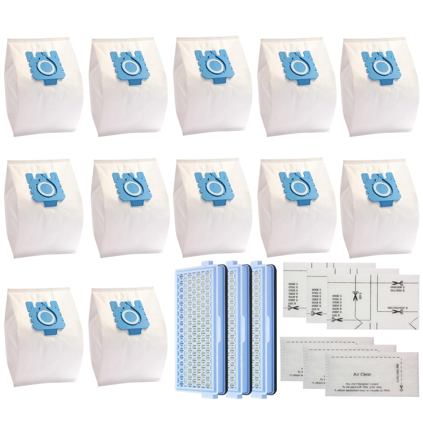 12 GN vacuum cleaner bags 3D dust bags compatible with Miele, GN dust bags compatible for Miele bags 3 HEPA filters 6 microfilters, Complete C2 C3 S2 S5 S8 for S4000, S5000, S6000 & S8000 series.