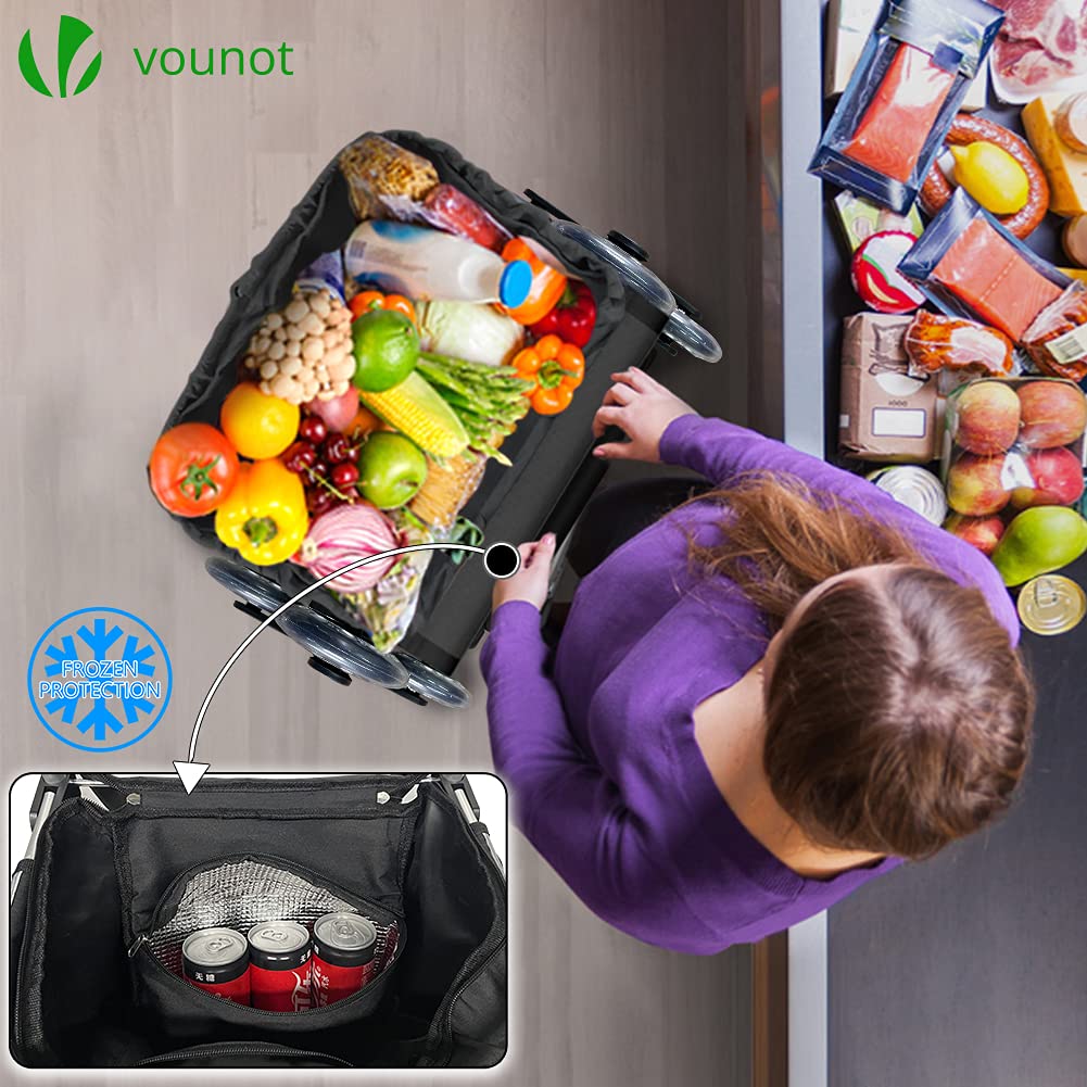 VOUNOT Aluminum Shopping Cart Stair Climber, Foldable Trolley Cart with 6 Wheels and Cooler Compartment, Waterproof, 58L, Black