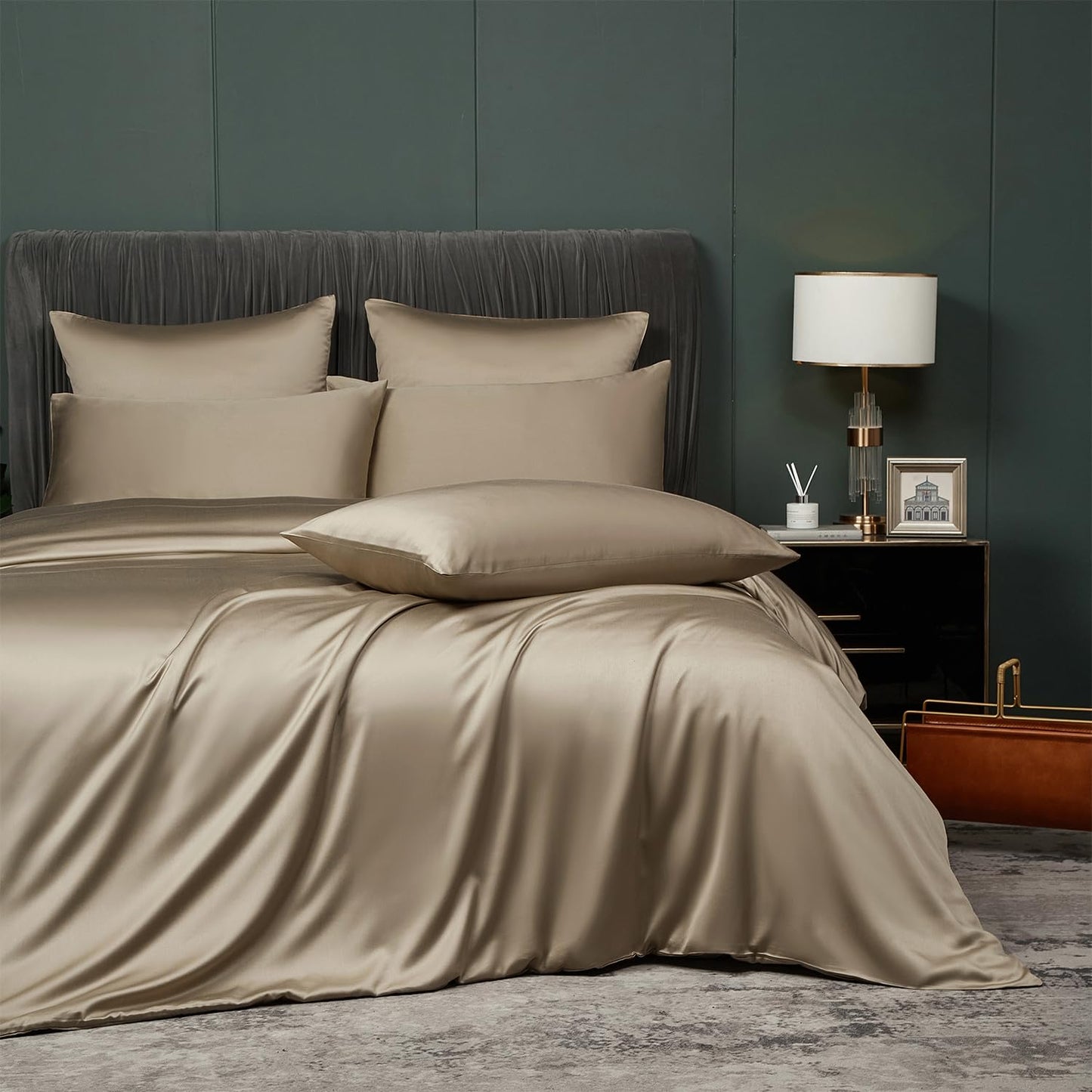 Luofanfei Bamboo Bedding 220x240 cm Gold Khaki Summer Cooling Solid Bamboo Lyocell Shiny Bedding Set Breathable Bamboo Luxury Duvet Cover and Pillowcases 80x80 cm with Zipper