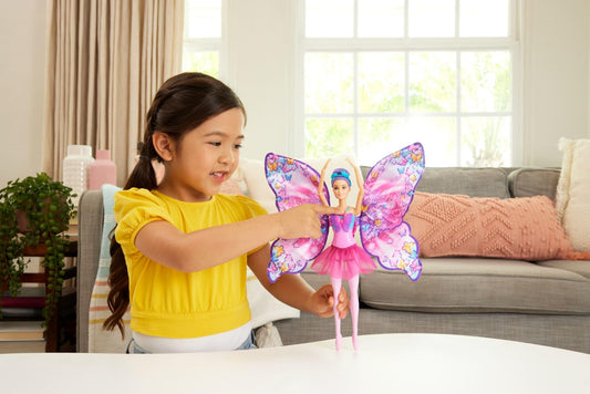 Barbie Dance and Flutter Doll with 2-in-1 transformation from dancer to butterfly with opening wings, purple hair, hair accessory, and removable tutu, HXJ10.