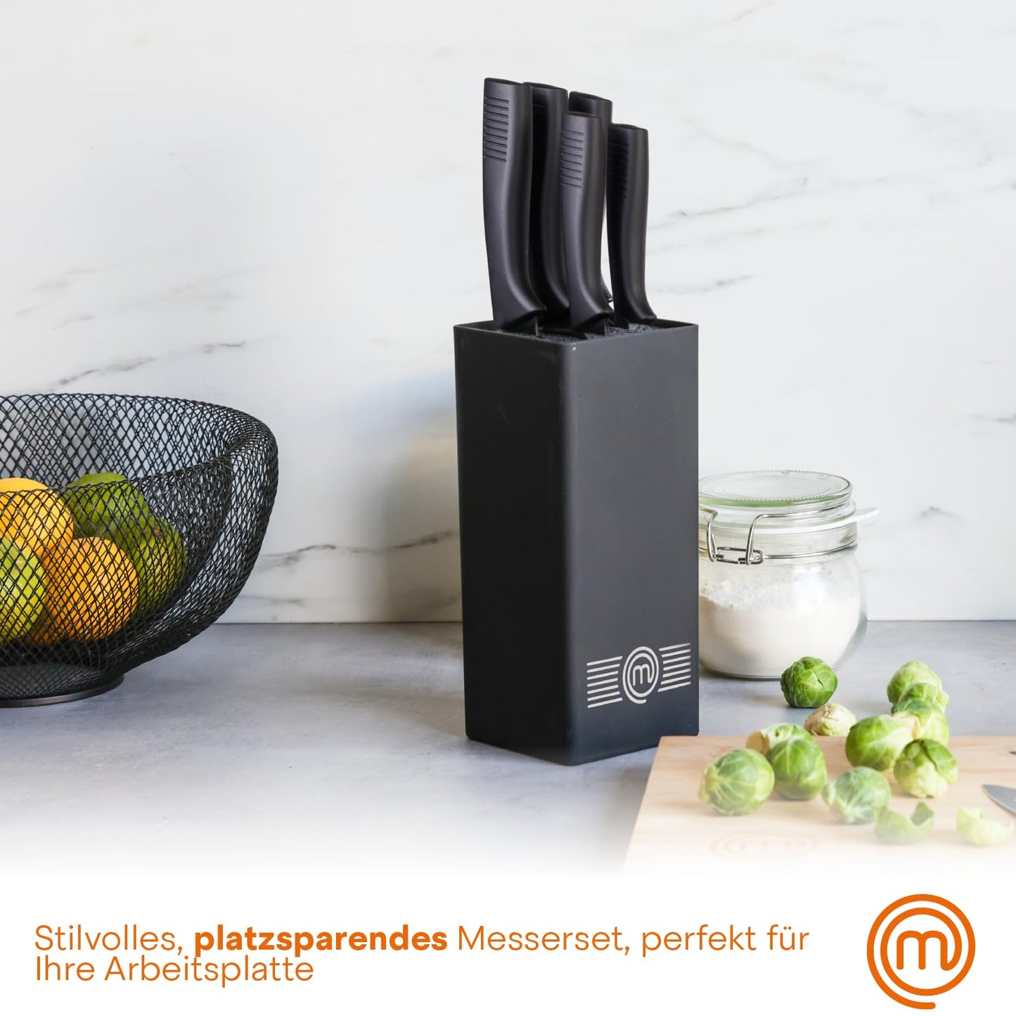 MasterChef knife block with knife cake knife set with Santoku knife, bread knife, chef's knife, vegetable knife, and utility knife, stainless steel, sharp, 5-piece, soft-touch handles.