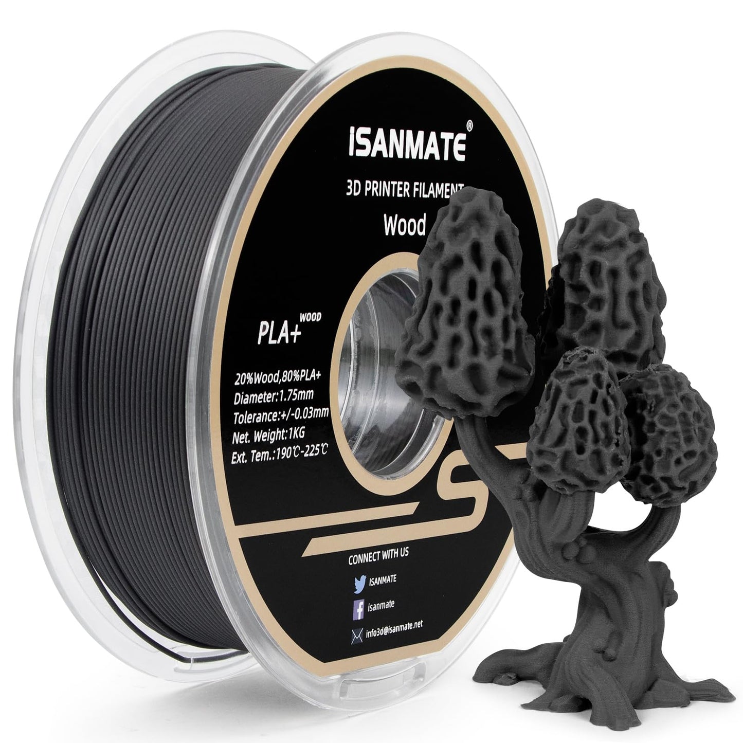 iSANMATE Wood PLA+ Filament 1.75mm, Ebony PLA+ Filament for 3D printers (20% wood powder + 80% PLA+), 1KG spool, Matte wood texture, Accuracy +/- 0.03mm.