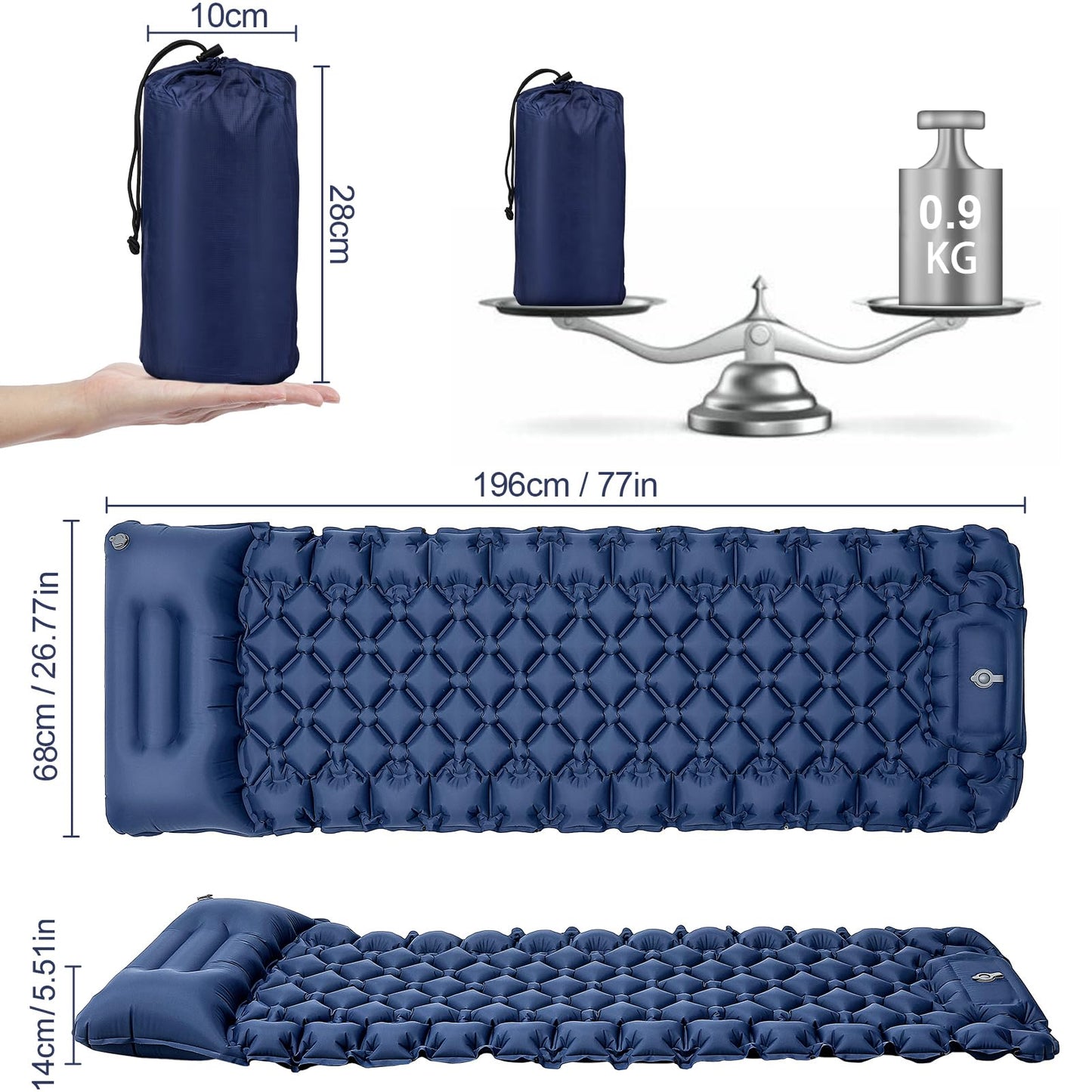 Kiaitre Self-Inflating Sleeping Pad, 9CM Ultralight Inflatable Air Mattress, Portable Compact Camping Mat Air Pad for Camping, Hiking, Backpacking, and Trekking.
