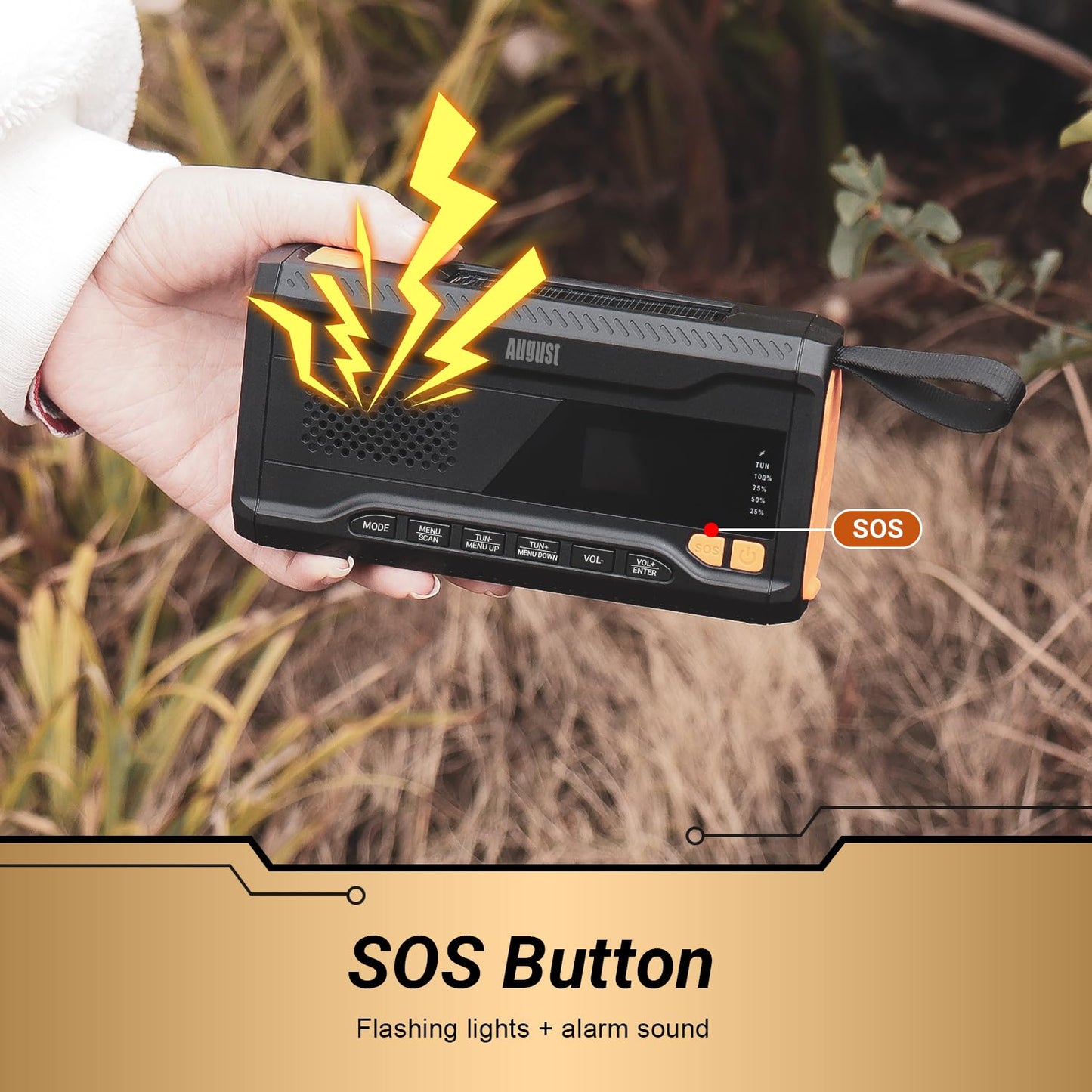 August MB290B Crank Radio DAB/FM/Bluetooth - Solar Radio 4500mAh Rechargeable Power Bank, 3 Modes LED Flashlight Sleep Timer SOS Alarm 3.5mm Emergency Radio with Hand Crank for Camping Hiking Camping.