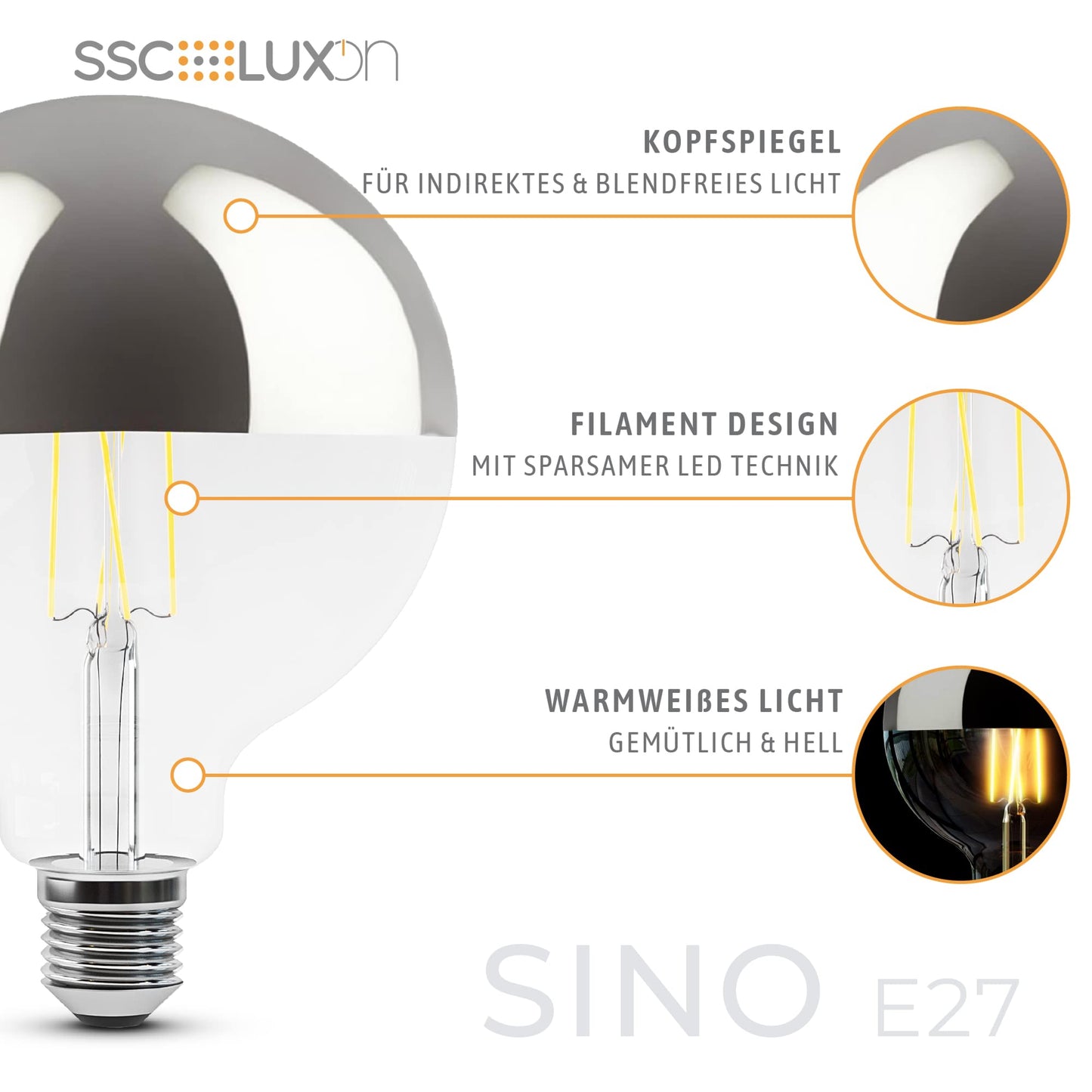 SSC-LUXon 2 Pieces SINO Mirror Head Bulb LED with warm white light E27 Socket - Globe XL Mirror Head Lamp silver 5W