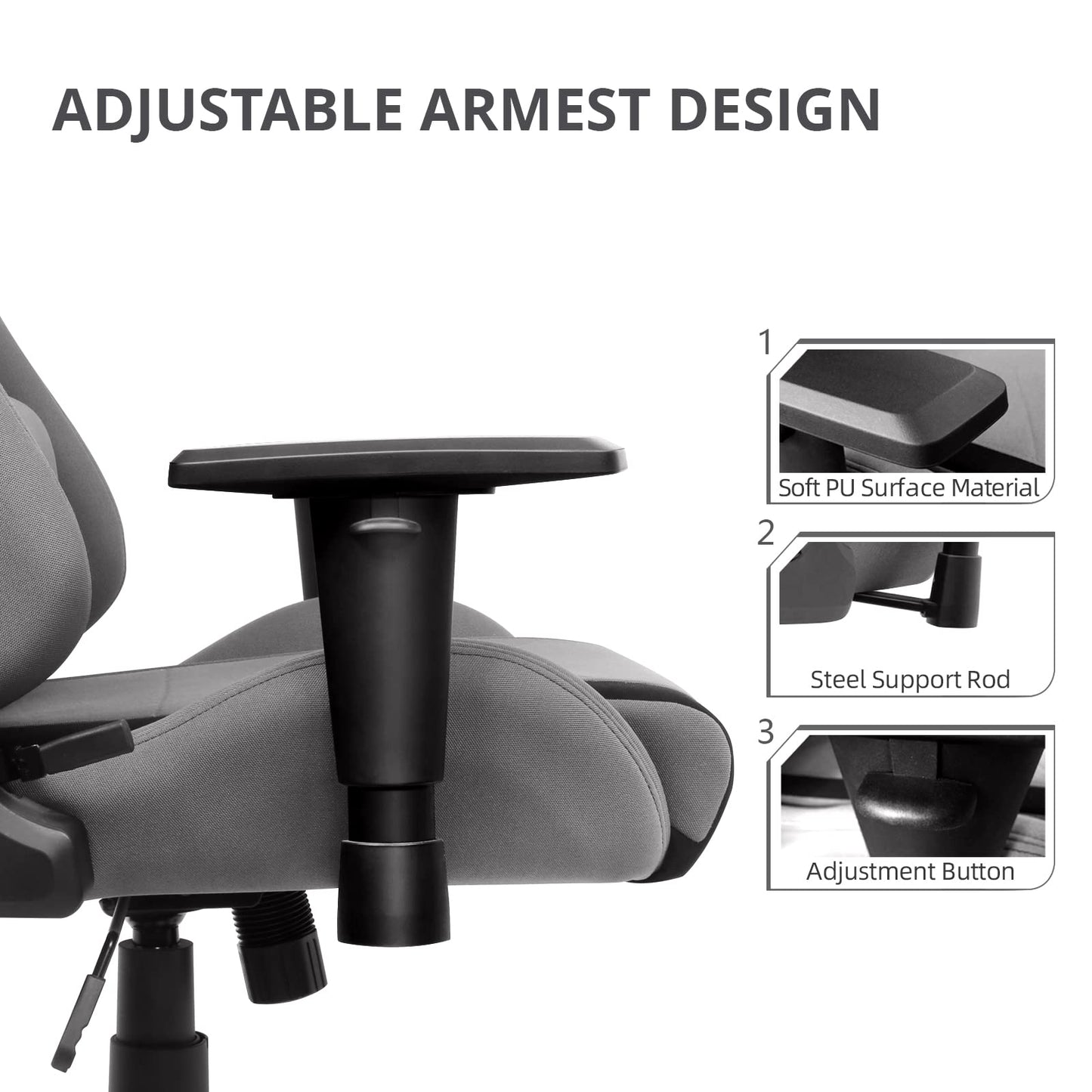 IntimaTe WM Heart Gaming Chair, Ergonomic Fabric Gamer Chair, Racing Office Chair with Adjustable Armrests, Computer Chair with Lumbar Pillow, Padded, Swivel Chair Rocking Function Gray