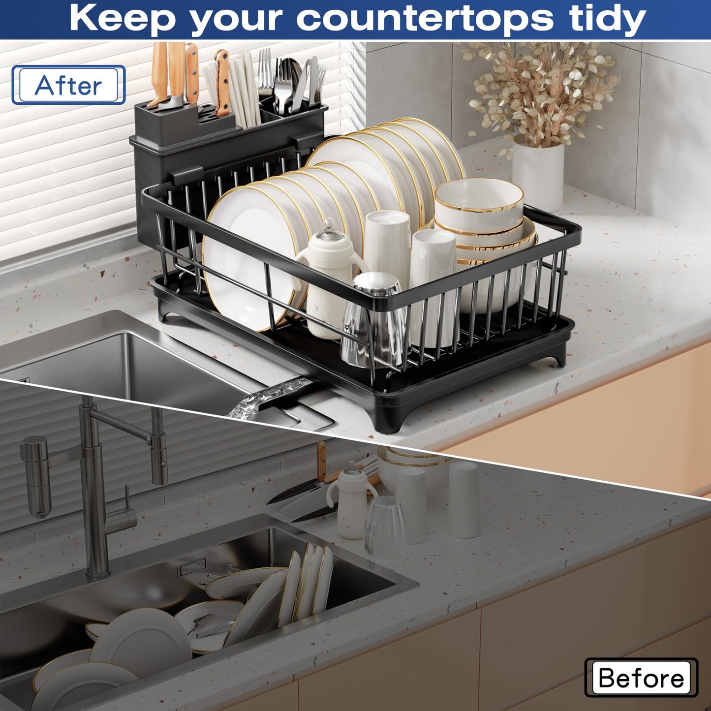 PurKeep Dish Drying Rack - space-saving dish rack for kitchen counter with utensil holder, kitchen dish stand with rotating spout, black.
