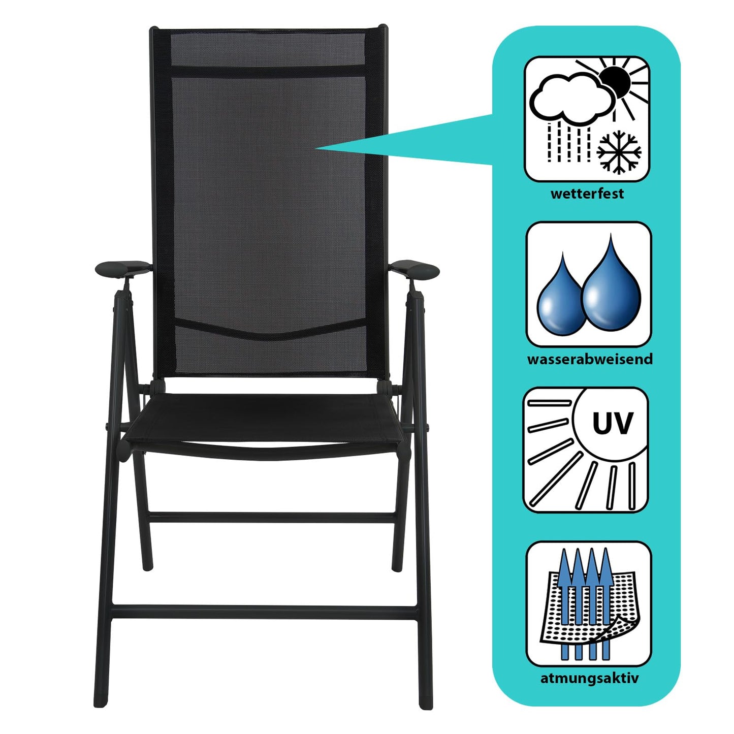 Montafox Folding Chair Set Balcony Chairs Aluminum Garden Chair Adjustable Foldable Load Capacity 120 kg Outdoor High-Back Aluminum Folding Chair Double Pack Balcony Terrace, Color:Black, Quantity:4 Pieces